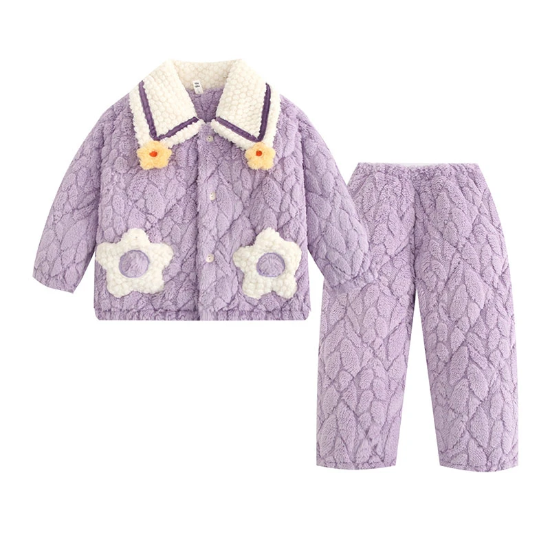 女童睡衣冬季儿童三层加绒加厚款花朵公主女孩小中大童家居服套装