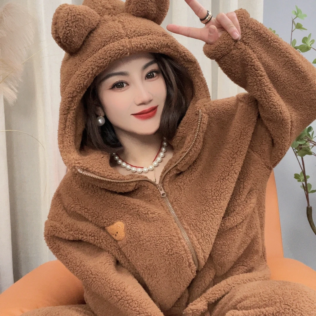 新款羊羔绒毛绒家居服宽松加绒加厚保暖秋冬季百搭女睡衣家居服女