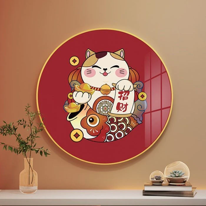 圆形装饰画客厅简约现代墙面挂画小众猫玄关餐厅墙上猫咪壁画