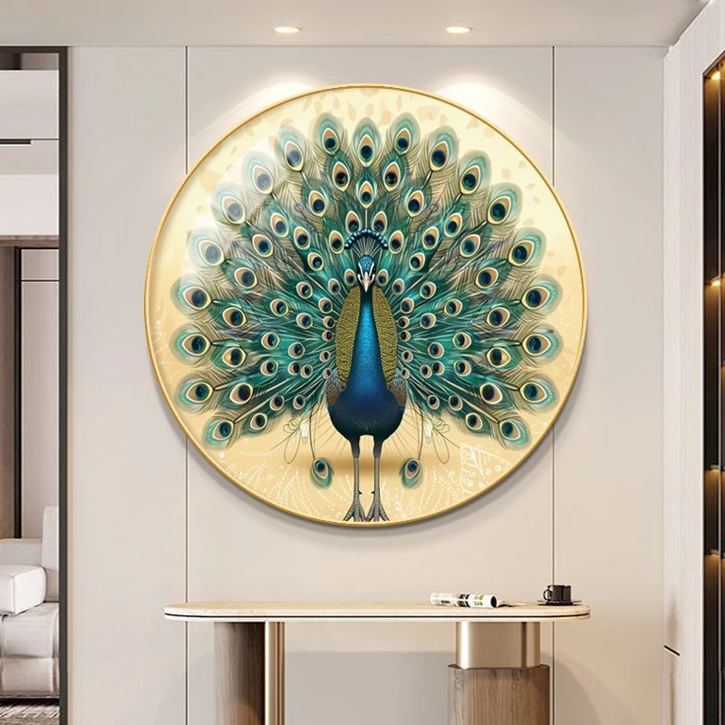 孔雀开屏新中式圆形装饰画吉祥鸟餐厅玄关走廊壁画高档卧室墙挂画