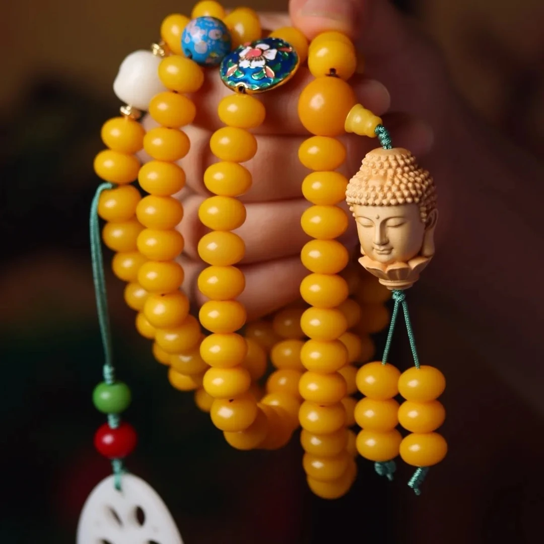 黄色菩提根8*10算盘珠108颗手串脖挂念珠佛珠男女百搭简约——佛头