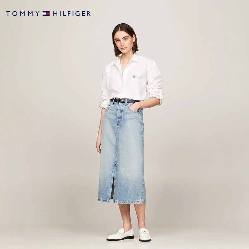 Tommy 24新款春夏女装通勤纯棉铆钉排扣开叉牛仔半身裙WW0WW42882