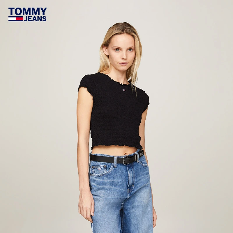 【美式辣妹】Tommy 24春夏女装复古褶皱木耳边修身短袖上衣17888