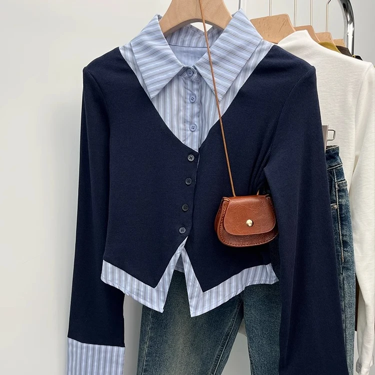 春秋假两件短款条纹打底衬衫女设计感小众独特别致甜辣妹长袖上衣