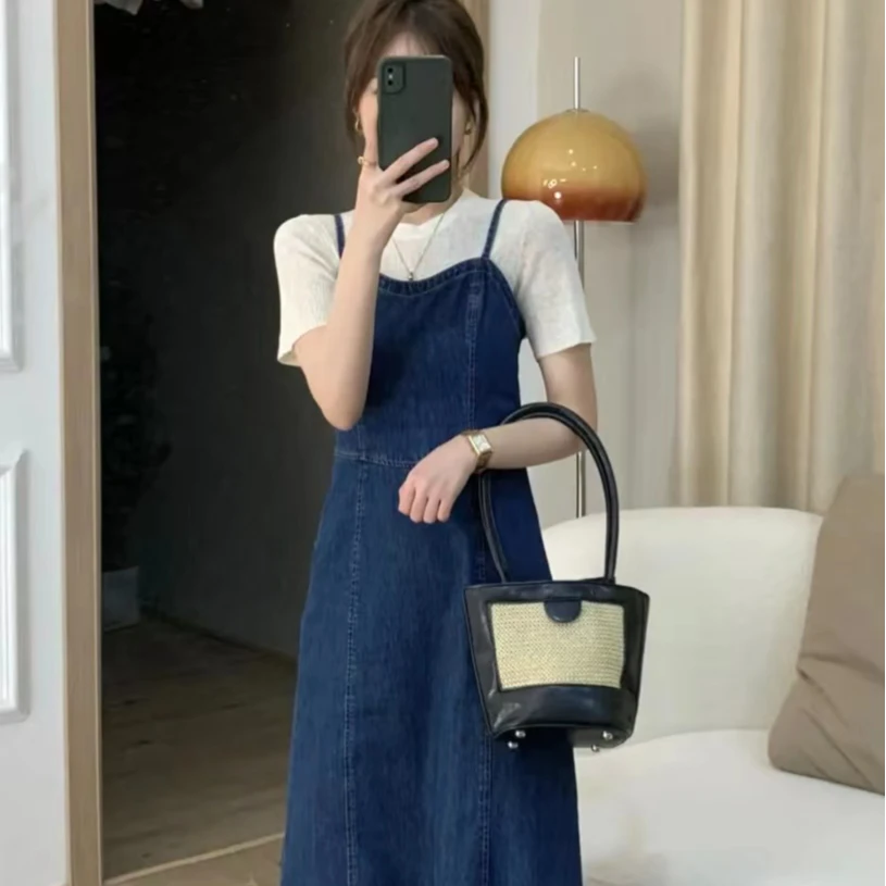 法式复古牛仔吊带连衣裙子夏季新款韩版小个子短袖t恤两件套装女