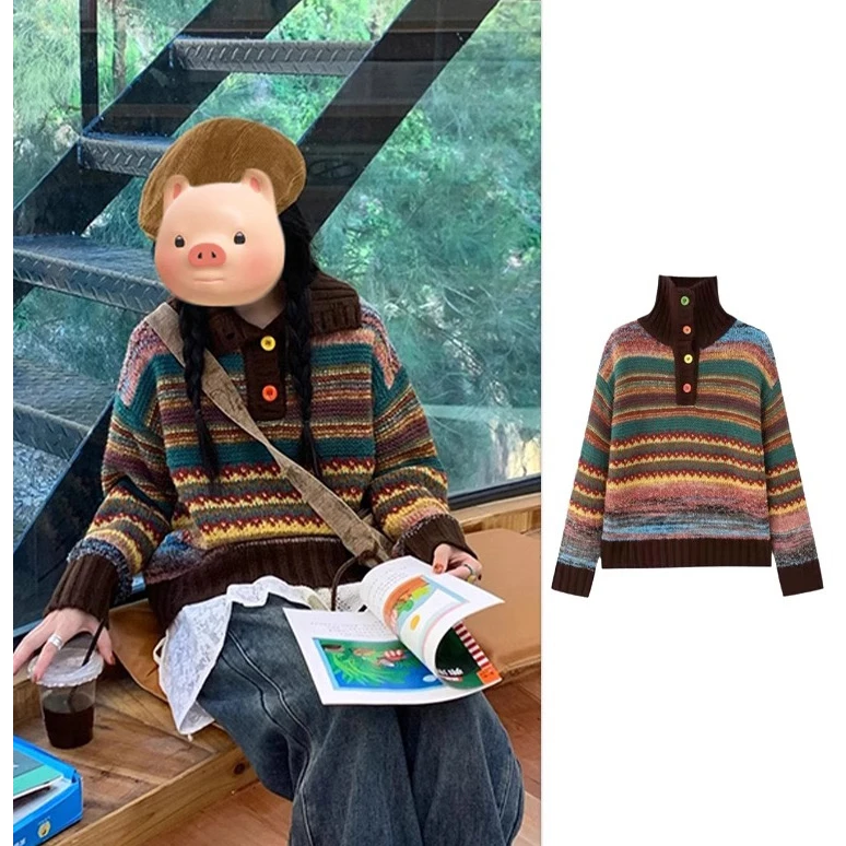 深秋初冬美拉德穿搭彩色条纹翻领毛衣开衫女秋冬季慵懒风针织外套