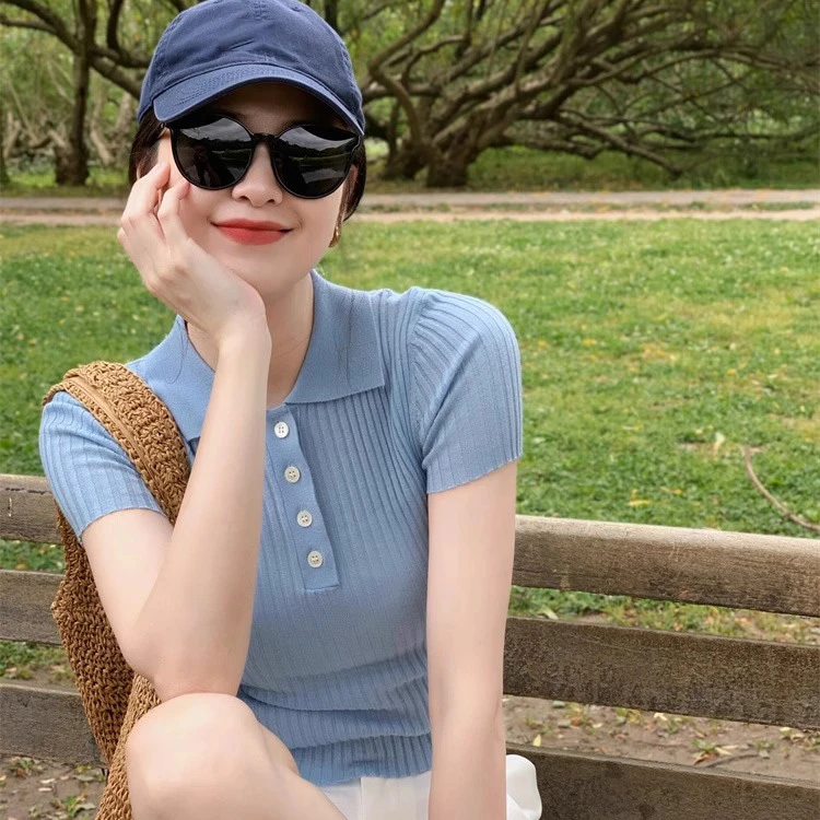 蓝色正肩短款修身翻领冰丝上衣女夏季薄款气质针织polo领短袖t恤