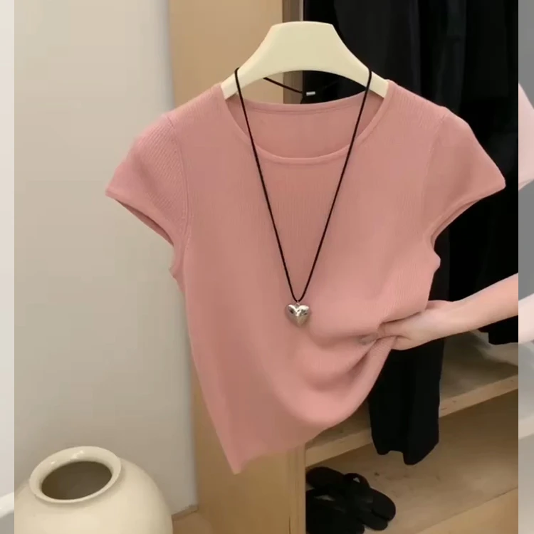 粉色小飞袖针织冰丝小个子短款正肩女t恤夏季独特超好看短袖上衣