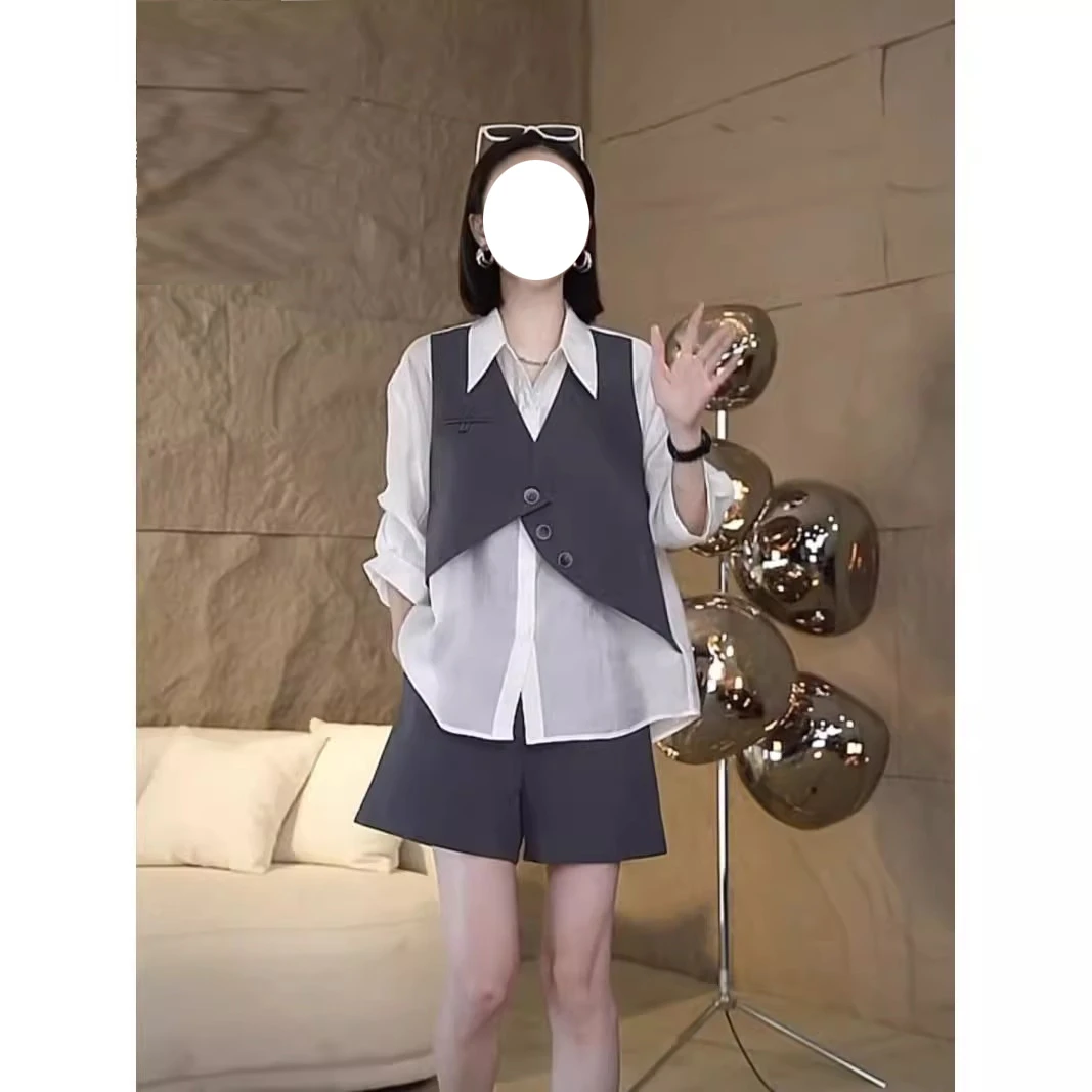 2025夏季新款高级感两件套西装拼接假两件短袖衬衫+短裤休闲气质