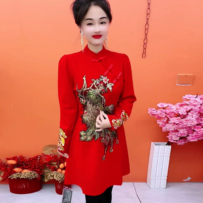 秋冬季新款气质时尚民族风长袖显瘦中式复古中长款连衣裙修身裙子