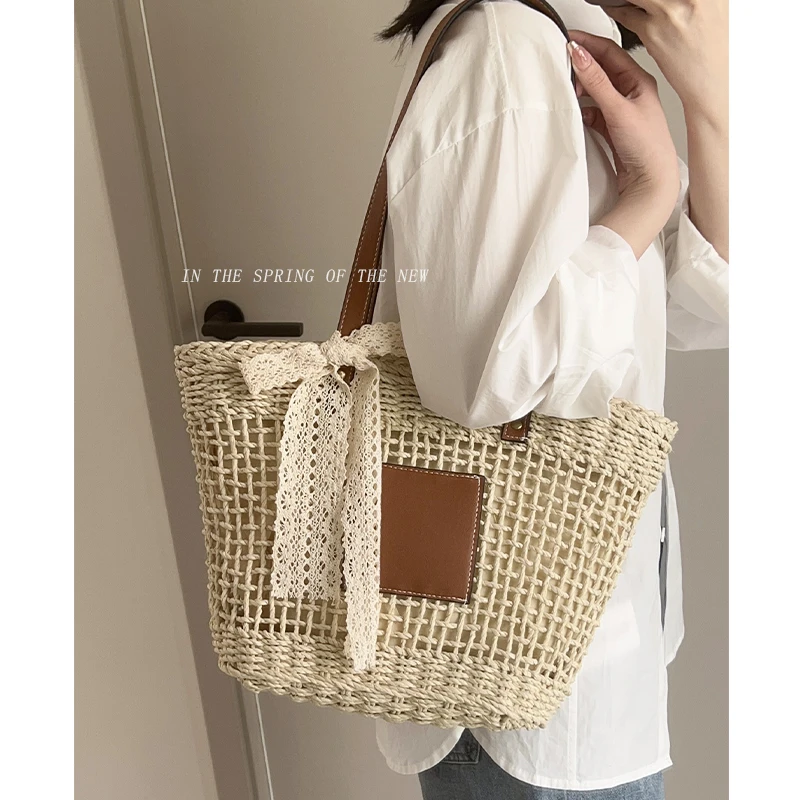 大容量草编包包女2025夏季新款编织通勤沙滩度假风单肩腋下托特包