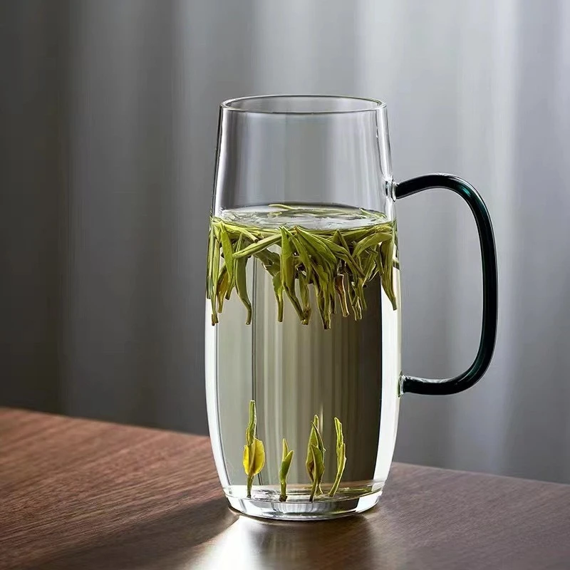 绿茶杯玻璃杯 透明玻璃水杯大容量带把手耐高温防炸裂玻璃泡茶杯