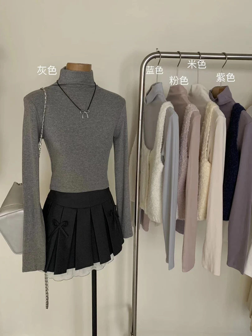 【朵朵】早秋打底衫新款长款修身显瘦T恤高领套头长袖上衣休闲气质