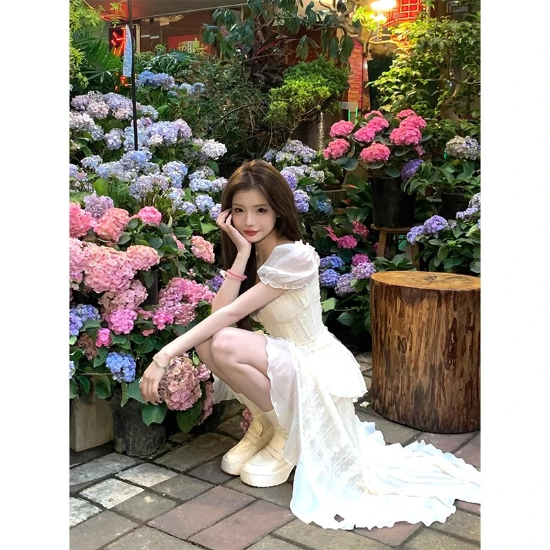 白月光初恋清纯穿搭小个子甜美白色不规则裙连衣裙春季女网纱短裙