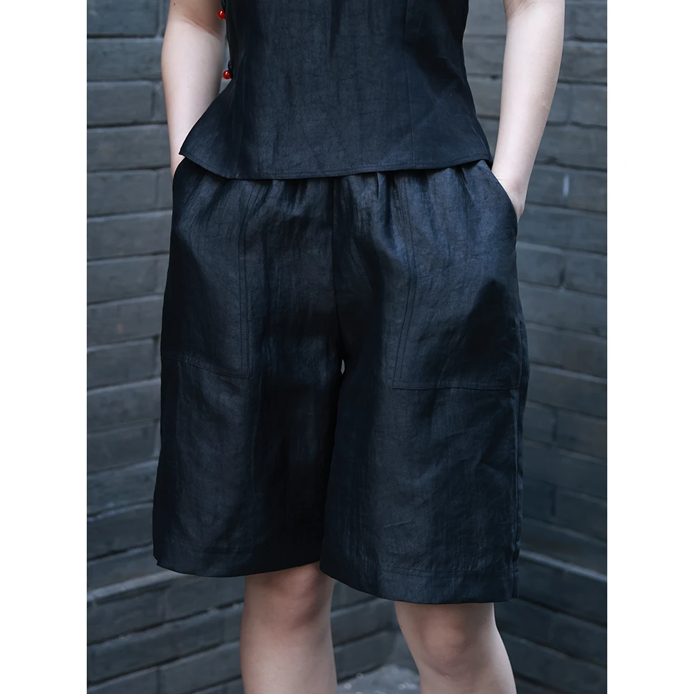 羿尘原创夏季女桑蚕丝香云纱龟纹短裤百搭时尚真丝绸缎高端裤子