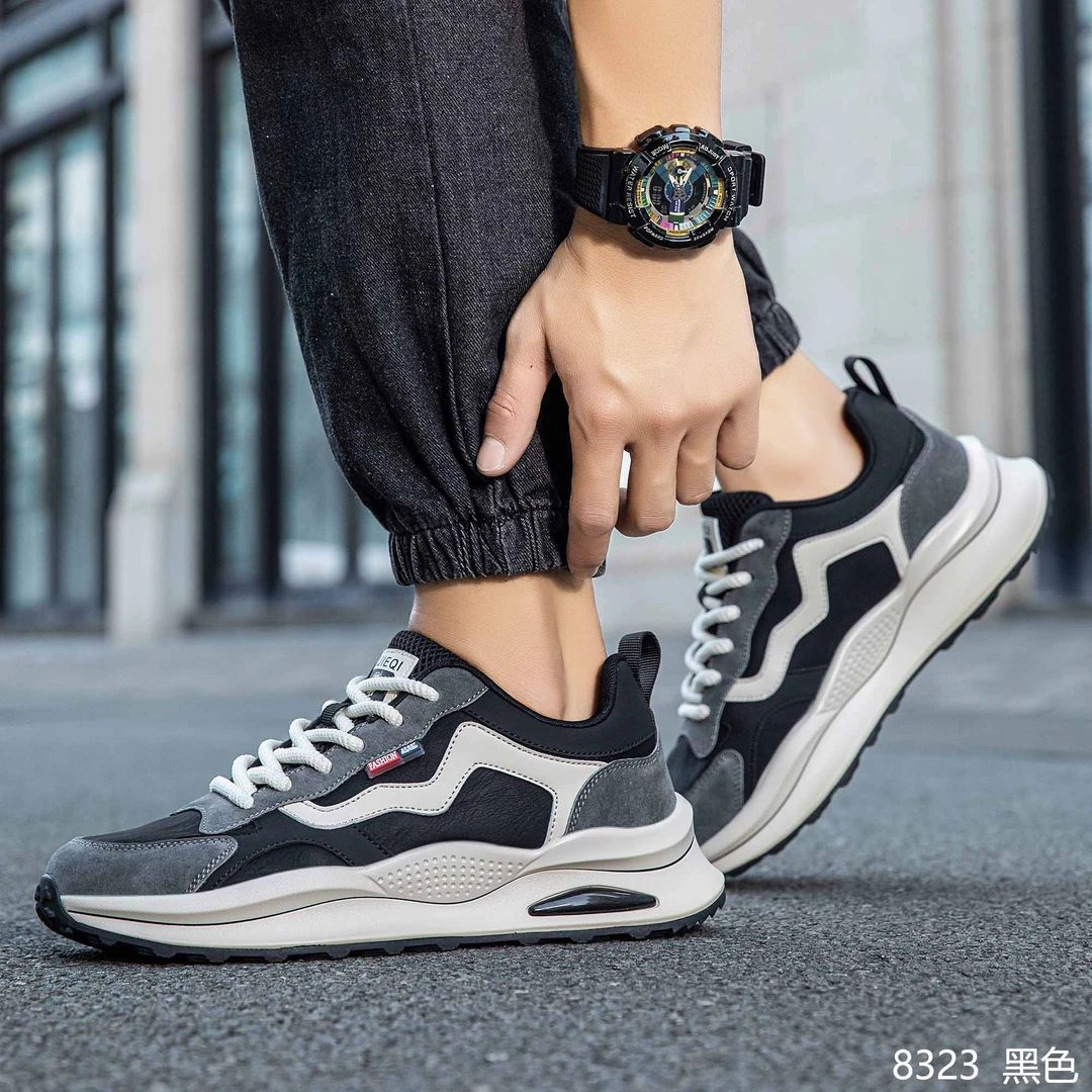 2024新款皮面四季款轻便时尚百搭黑色运动鞋潮鞋软底软面休闲潮流