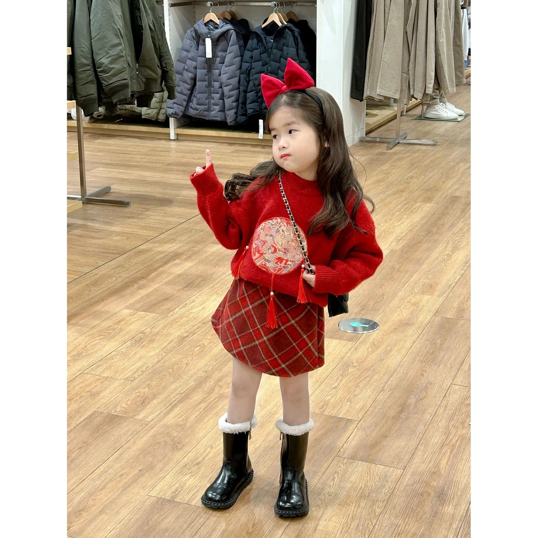 女童新中式流苏圆领毛衣新年装拜年服针织衫过年装厚款上衣洋气潮