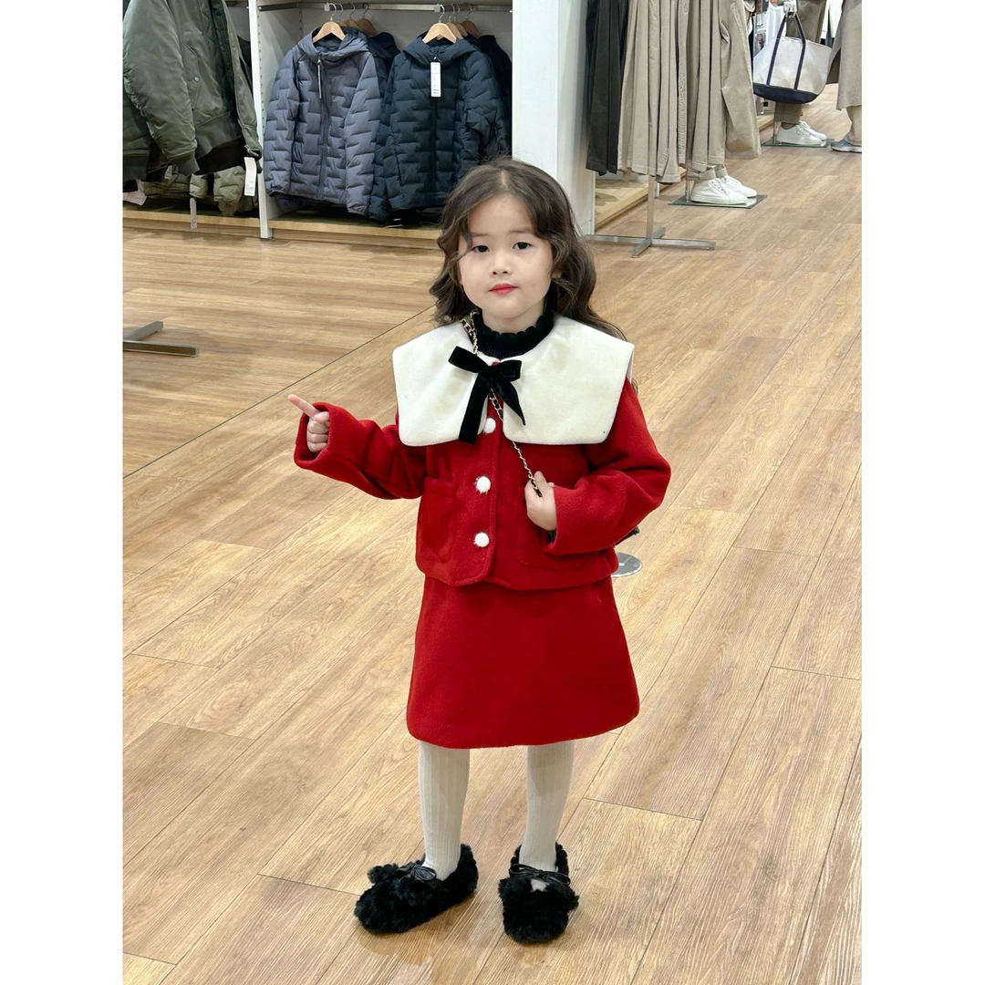 女童厚款新年装过年服红色大翻领呢子大衣背心裙套装保暖拜年服潮