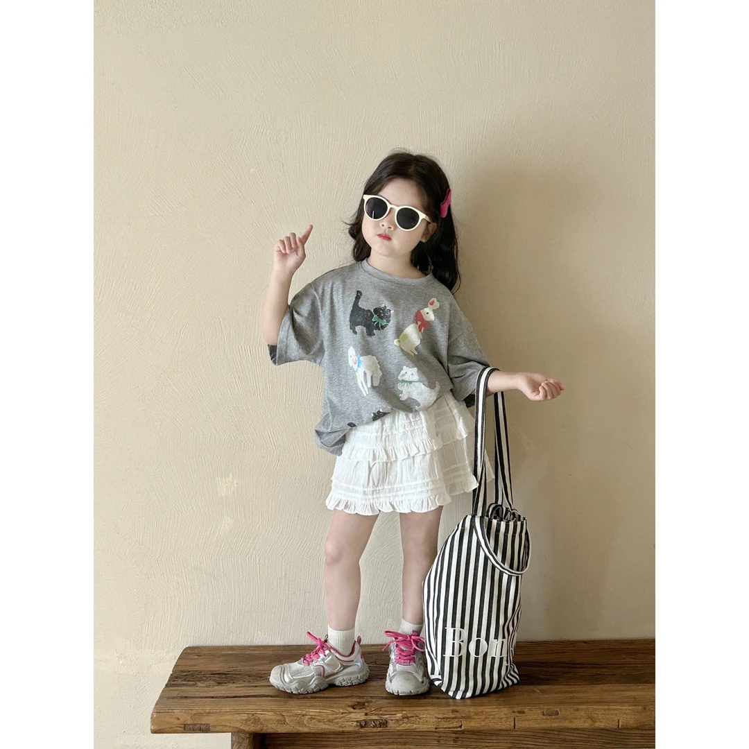 女童灰色动物T+提花半裙裤2024夏中小童宝宝网红童装短袖T恤百搭T