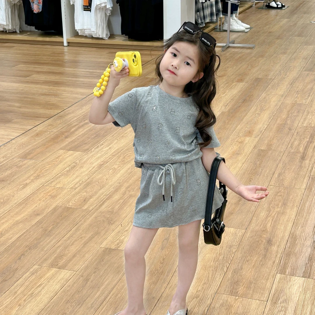 韩版女童烫钻短袖短裙套装2024夏新款亮闪闪休闲两件套网红童装潮