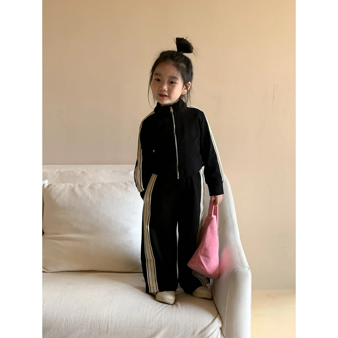 女童韩版洋气运动套装2023秋女宝拉链卫衣阔腿裤两件套网红童装潮