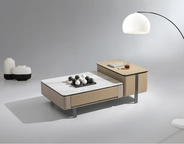 2023新款秋季展销会爆款设计师款大理石茶几马鞍皮现代极简风格