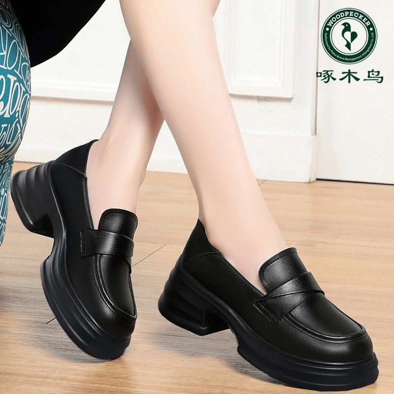 啄木鸟乐福鞋女2024新款春秋季厚底粗跟单鞋英伦风百搭软底小皮鞋