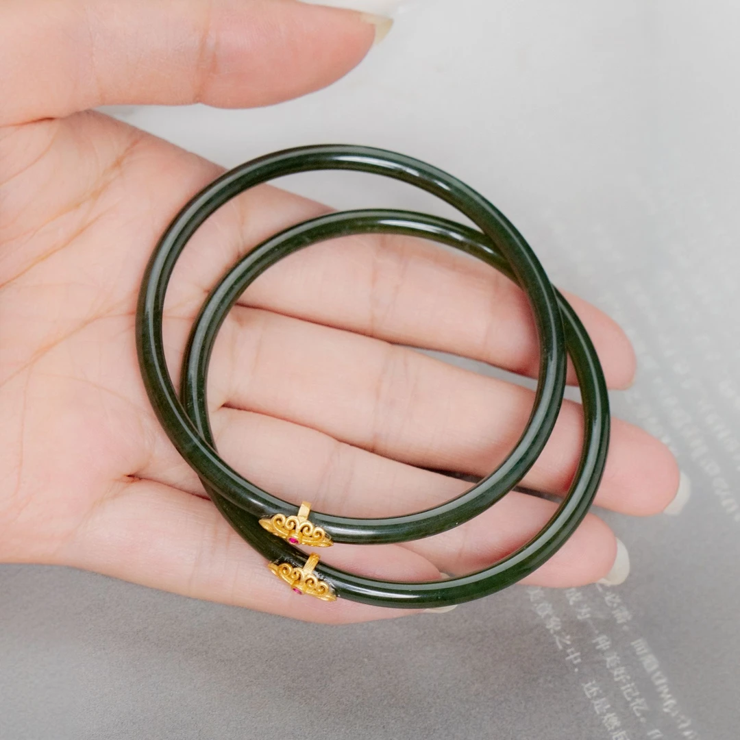 （活动）欢馨 和田玉塔青叮当镯（一对）女士镯子民族风复古气质女款