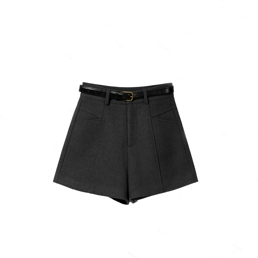 高腰短裤女2024冬季新款毛呢短裤显瘦气质阔腿A字裤3552