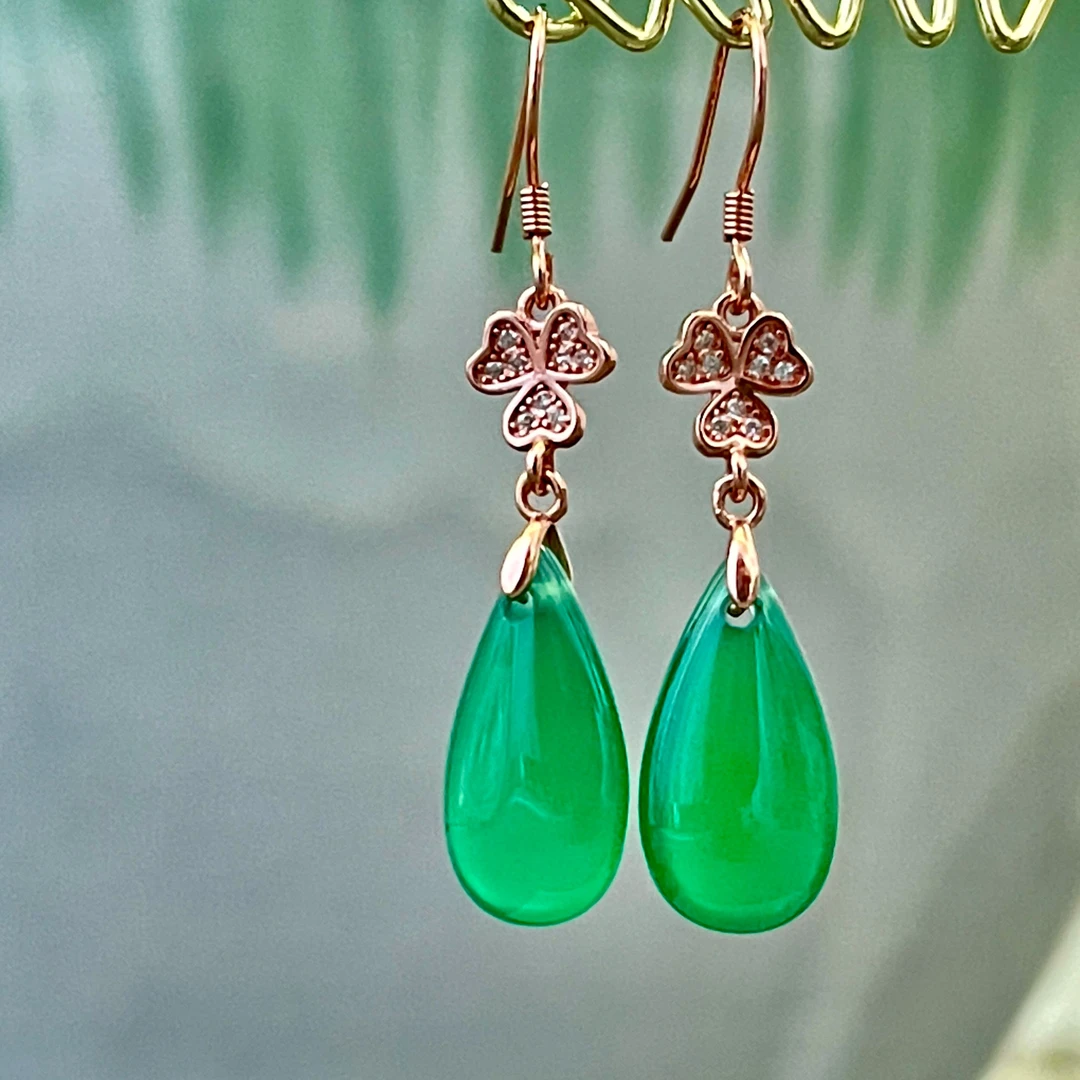 玛瑙玉石S925银镶嵌四叶草天然冰阳绿水滴绿玉髓幸运女神款耳坠