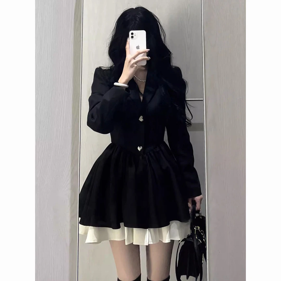 小香风黑色长袖西装连衣裙子秋季高级感收腰小个子法式公主蓬蓬裙