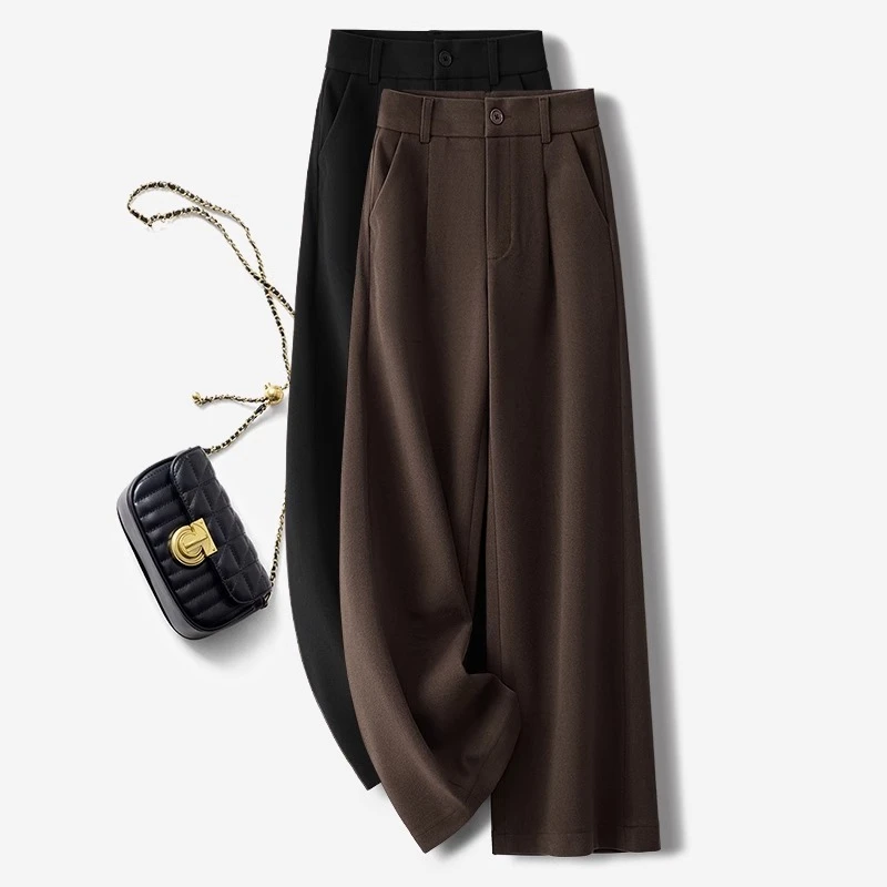 高端咖色毛呢阔腿裤女秋冬2025新款显瘦垂感慵懒风休闲垂感直筒裤