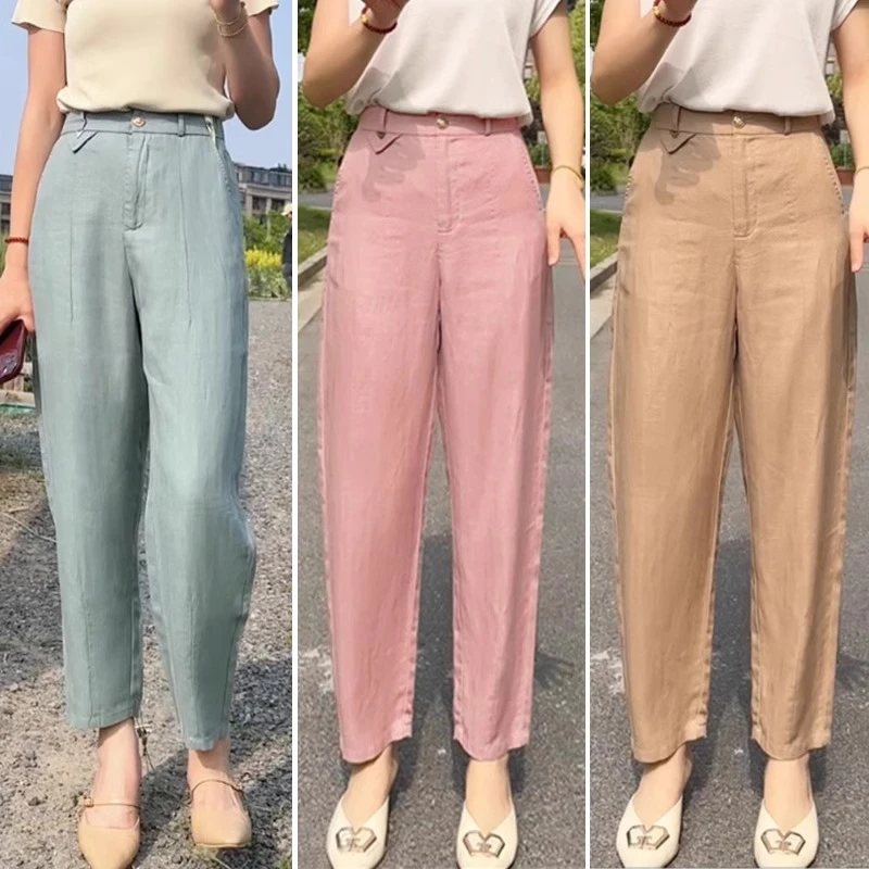 亚麻裤女夏季薄款天丝裤子2024新款直筒九分休闲宽松大码哈伦裤