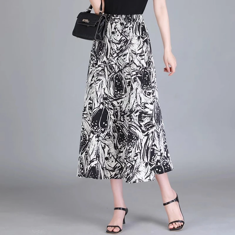 水墨印花裙半身裙女A字裙中长款2025夏季新款高腰气质冰丝百褶裙