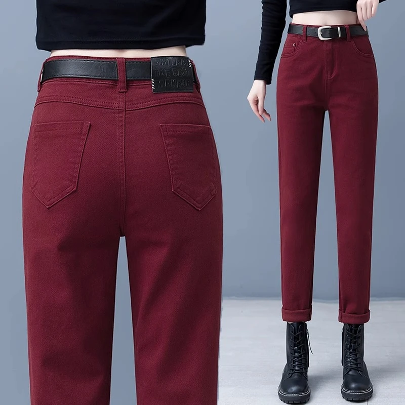 安可拉红色牛仔裤女2025年新款外穿高腰直筒烟管秋冬九分哈伦裤
