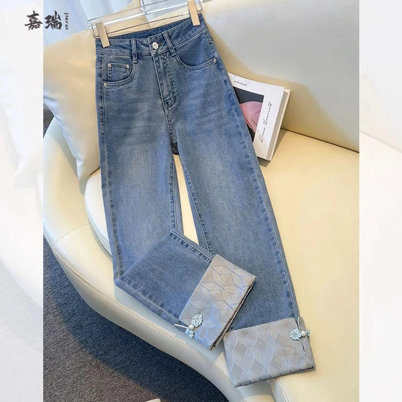 国风烟管牛仔裤女2025破洞春夏薄款小个子九分裤新中式盘扣直筒裤