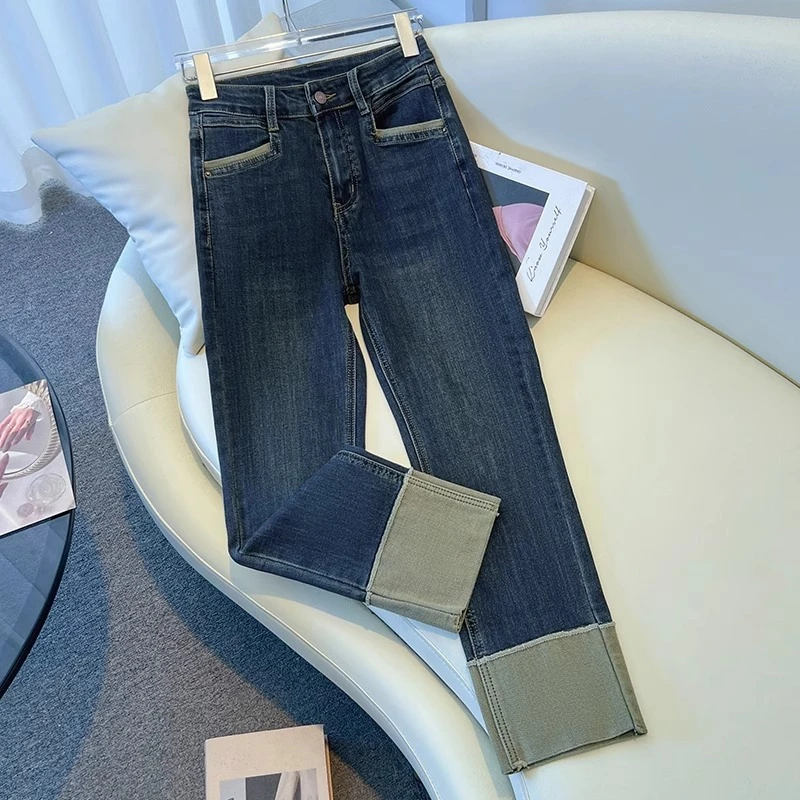 加绒烟管牛仔裤女秋冬季2025新款高腰显瘦小个子翻边九分直筒裤子