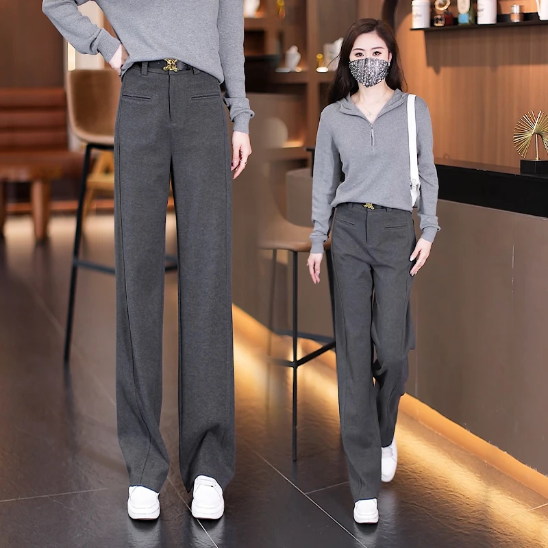 醋酸羊毛窄版阔腿裤女秋冬2025新款高腰加厚羊毛呢垂坠感直筒裤子