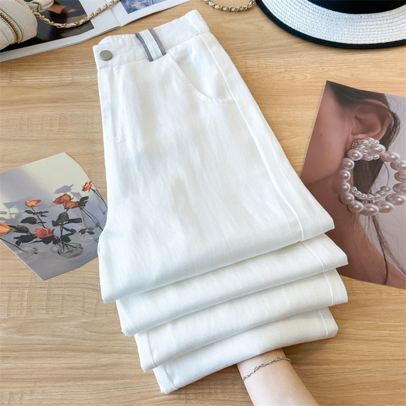 白色棉麻窄版阔腿裤女夏季薄款垂感2025新款高腰凉凉裤亚麻直筒裤