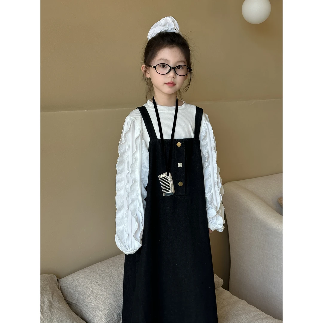 花与寻韩系童装女童拼袖T恤2024秋季新款中大童花边袖打底衫上衣