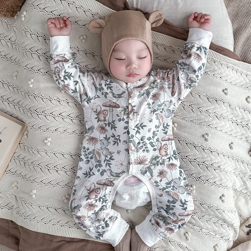 婴儿衣服纯棉宝宝护肚开档连体衣四季款新生儿长袖哈衣春秋季春夏