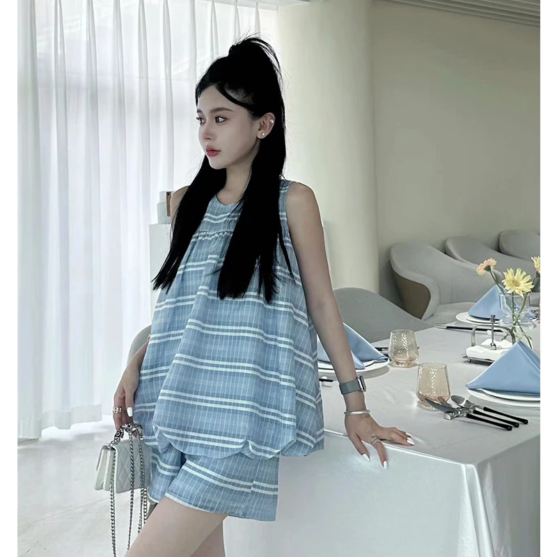 2023夏季【蓝屿计划】条纹无袖宽松遮肉显瘦百搭温柔套装两件套