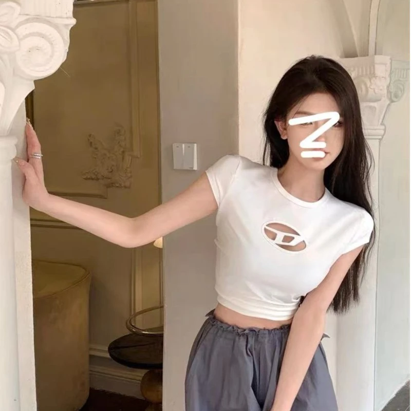 【纯欲芭比】刺绣镂空甜辣风修身气质辣妹高上衣短袖T恤