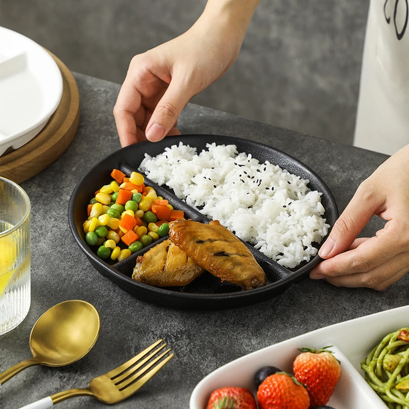 【黑白系列】北欧岩石纹商用创意盘子分格分餐盘吃饭网红复古高级感