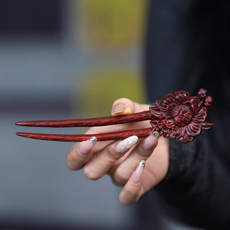 中国风牡丹花发簪紫檀木u形簪子气质清冷感大双钗丸子头盘头发钗