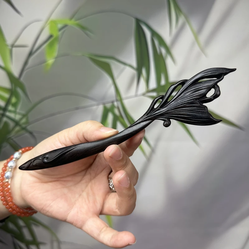 【鲲】原创大鱼簪子紫檀木鱼尾发簪绿檀木雕刻鱼簪古风新中式发饰女