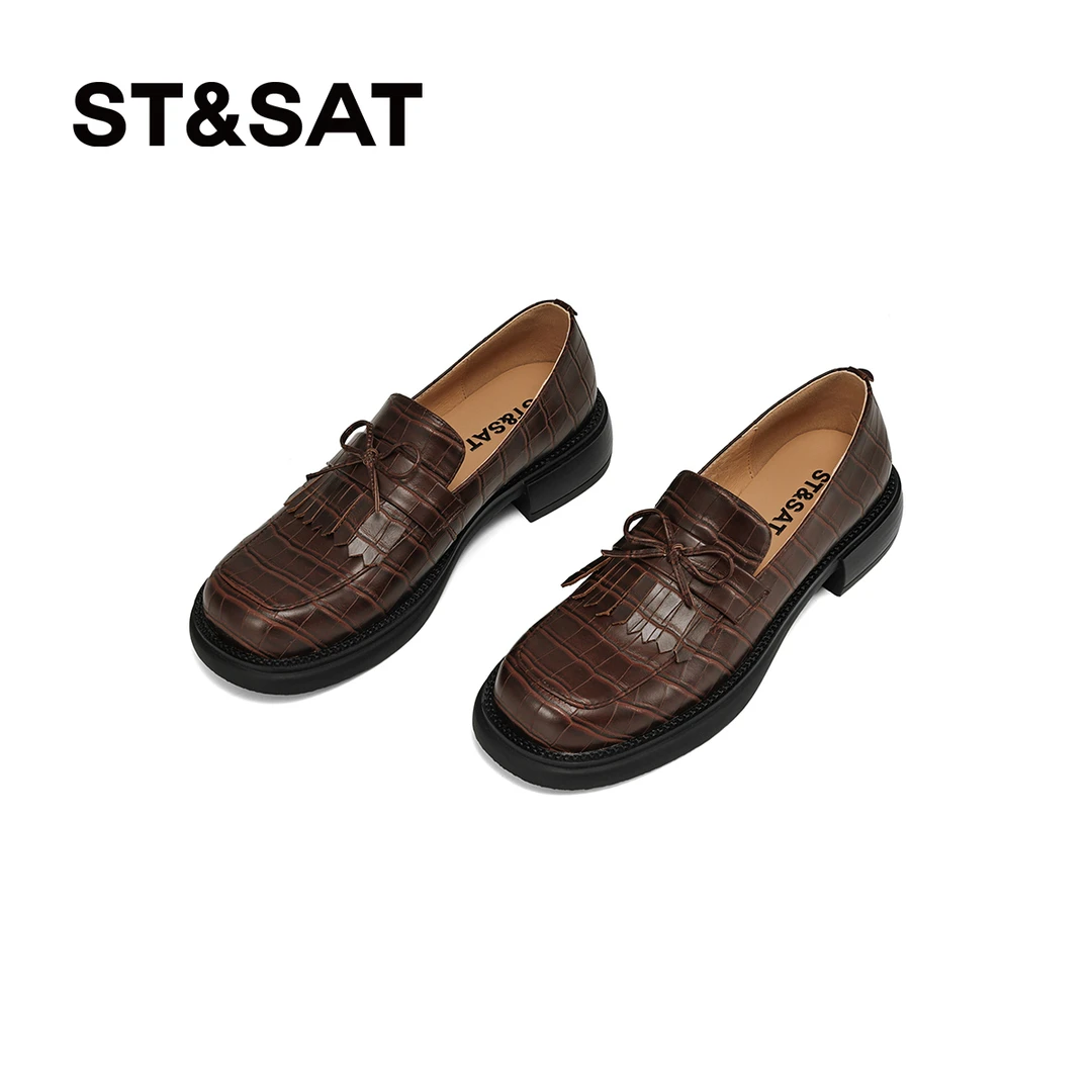 星期六24新款乐福鞋秋季休闲单鞋百搭粗跟圆头厚底女鞋SSC1112J01