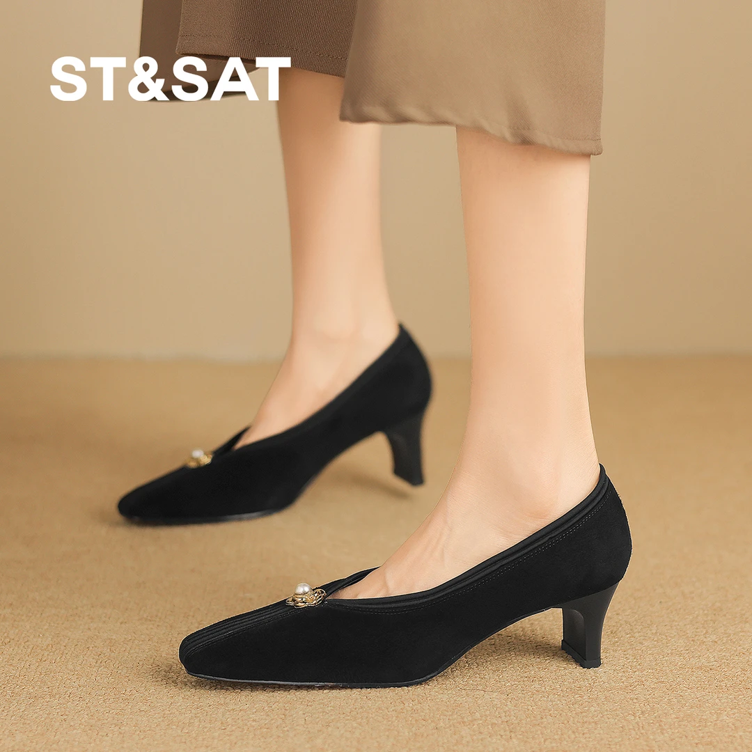 星期六春秋气质黑色粗跟单鞋舒适时尚法式浅口女鞋百搭经典通勤鞋