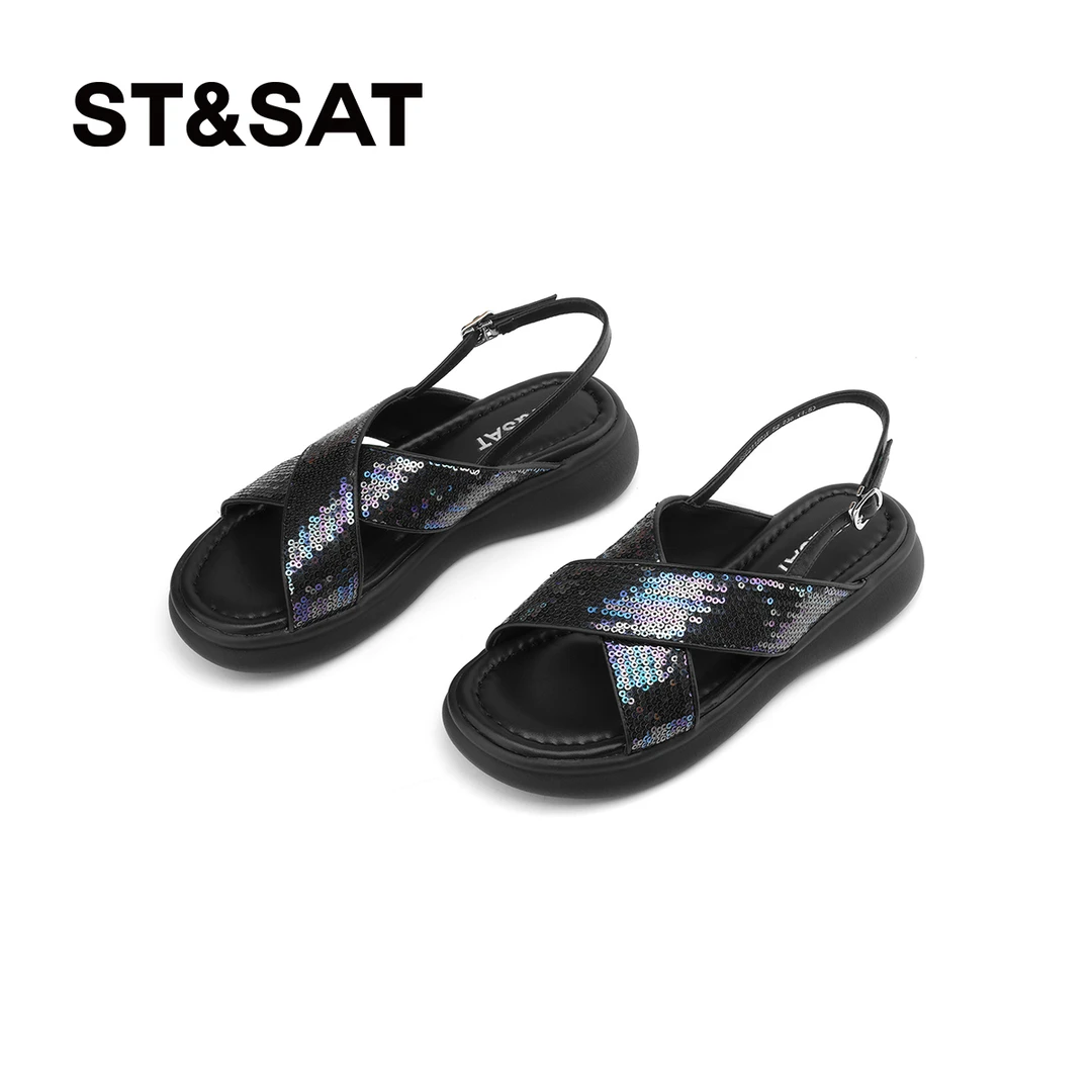 星期六夏季凉鞋女款高级感露趾学院风平底凉鞋女亮片舒适沙滩凉鞋