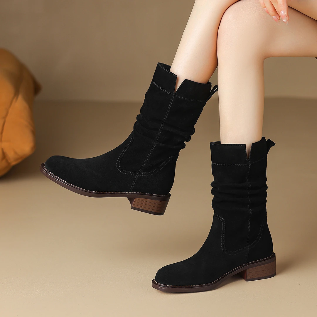 【牛反】星期六2024秋冬圆头粗跟中筒女靴复古中跟堆堆靴增高